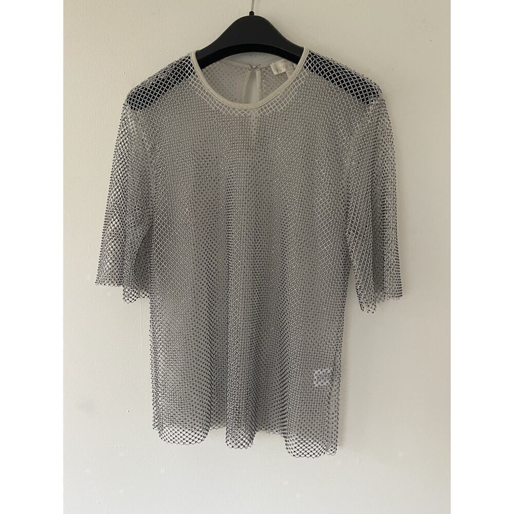 Ronny Kobo Mesh Top With Rhinestone Mesh Size Medium Siver Tan